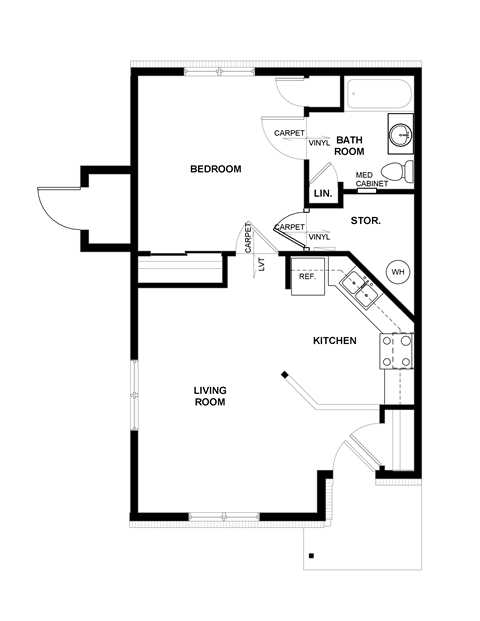 Floor plan for 1 bed, 1 bath, 568 sqft